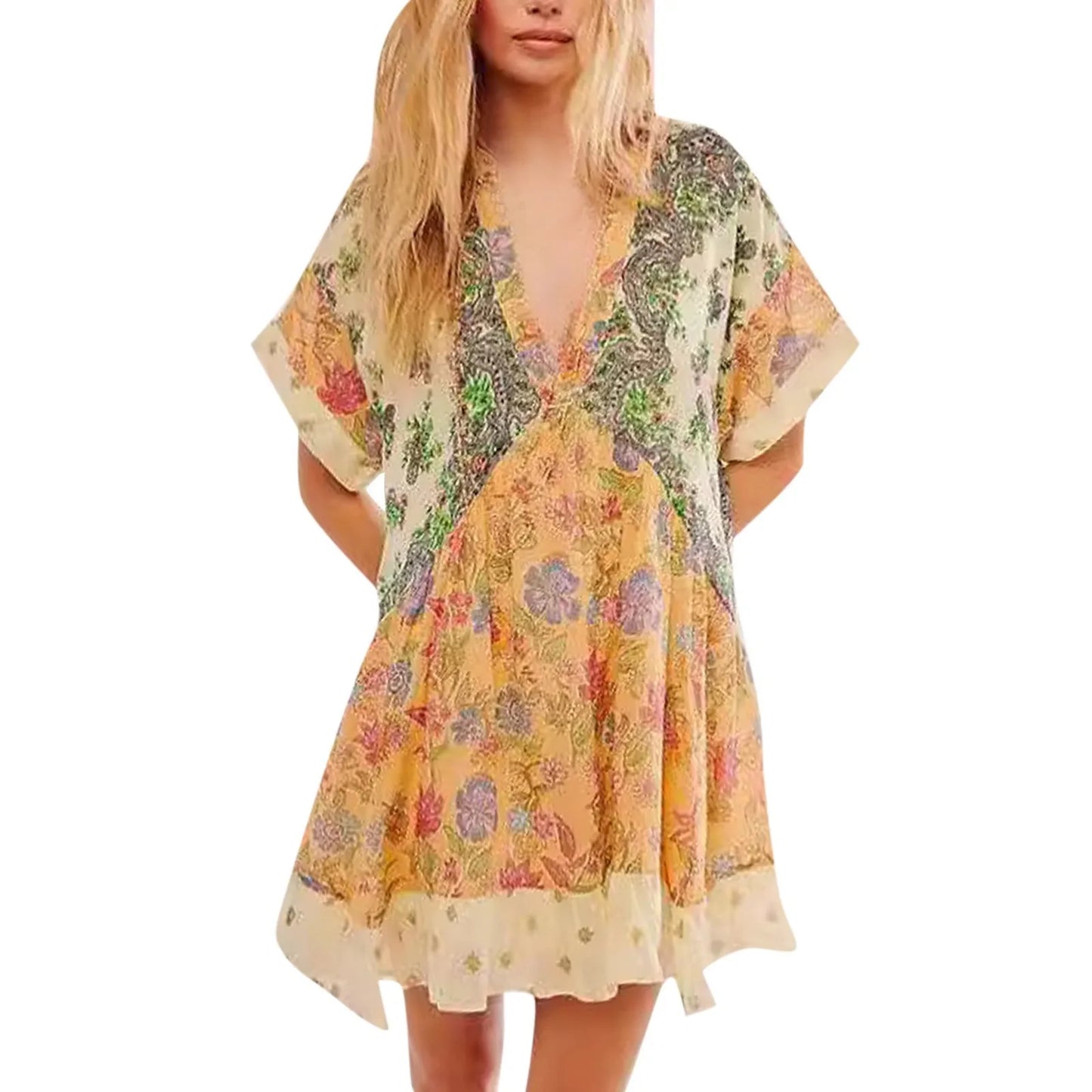 Women Boho Beach Mini Dress 2024 Summer V Neck Short Sleeve