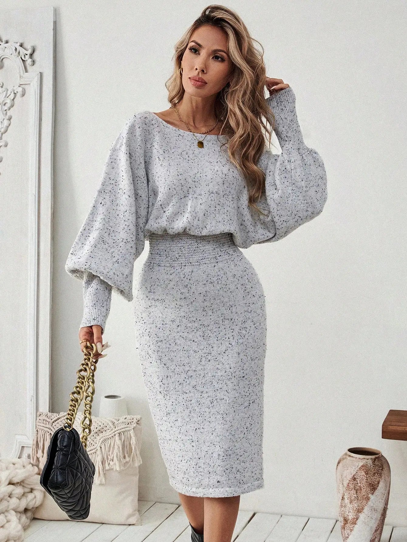 Calvaya Lantern Sleeve Sweater Dress For Fall And Winter