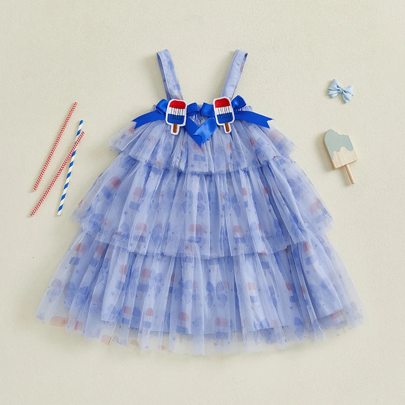 Toddler Girl Independence Day Patriotic Stars and Stripes Sleeveless Tulle Dress