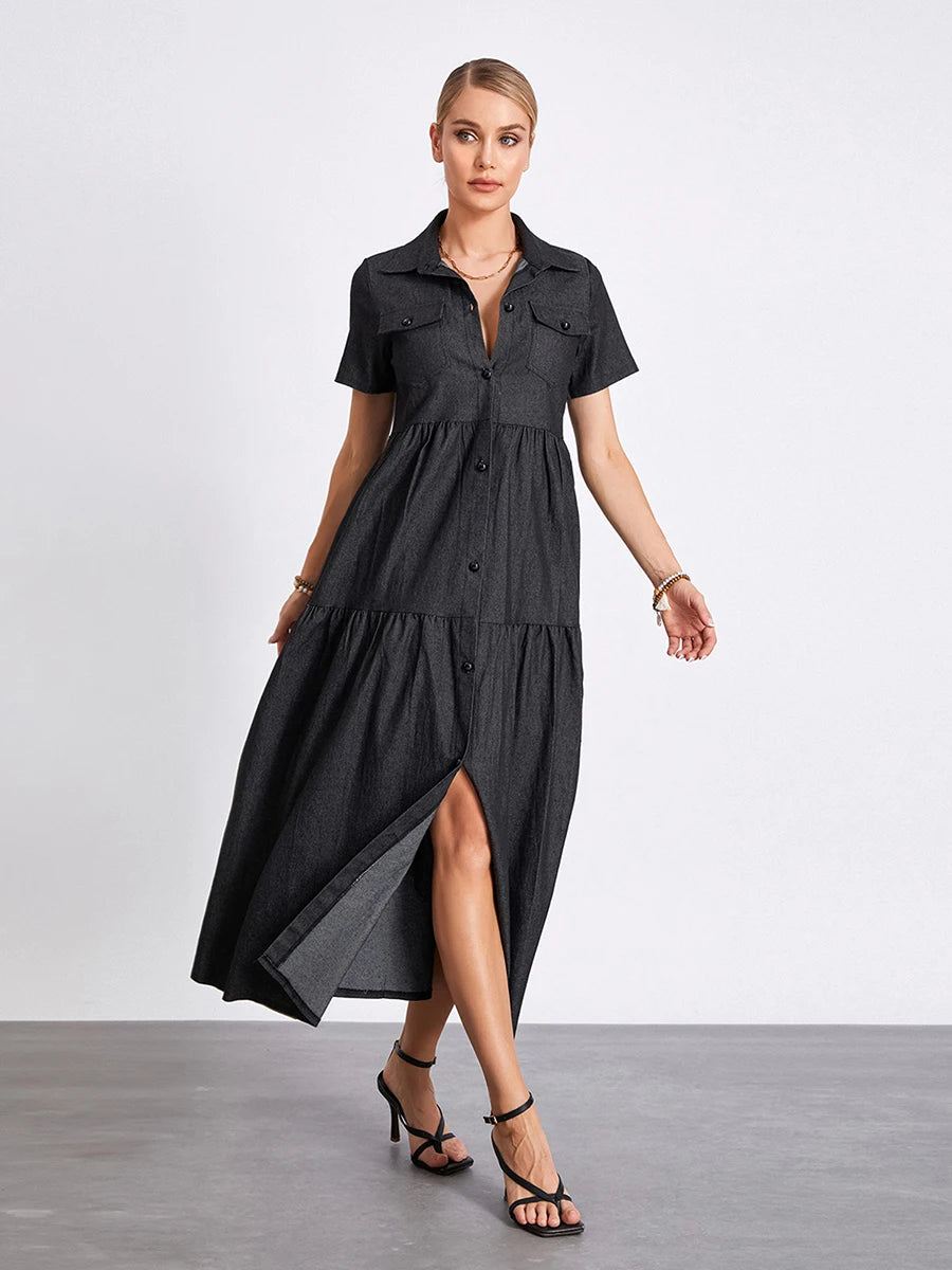 Women s Plus Size Denim Dress Short Sleeve Turn Down Collar