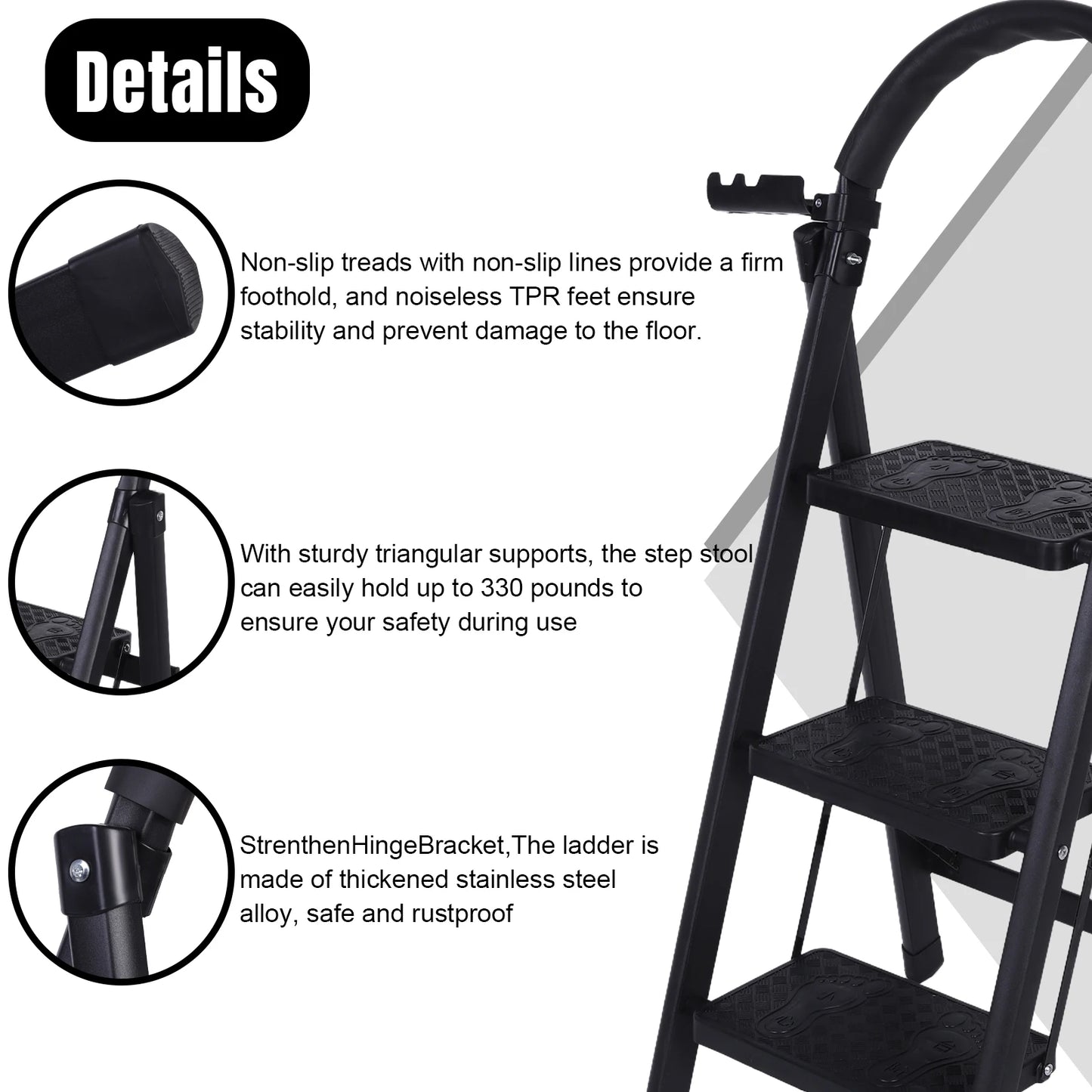 3 Step Folding Ladder Sturdy Portable Stepping Stools 330lbs Capacity