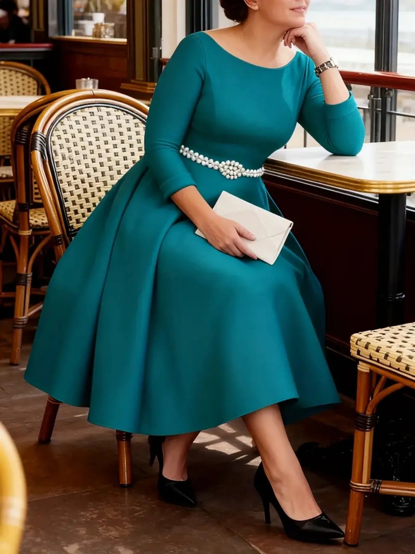 Elegant Dress With Boat Collar And Rhinestone Belt