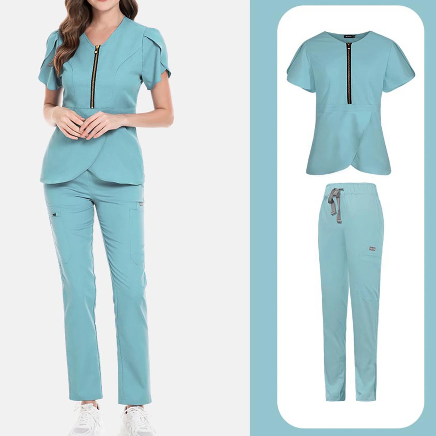Women's Nurse Scrub Set V-Neck Short Sleeve Zipper Ruffle Sleeve Multi-Color Long Pants