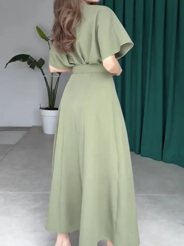 2025 Woman Summer Dress Elegant Office Dresses 2025 New Short Sleeve with Belt Pleated