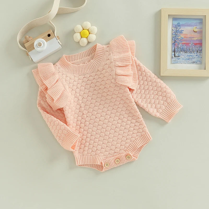 Adorable Baby Girls Knitted Ruffle Romper with Long Sleeves Solid Color