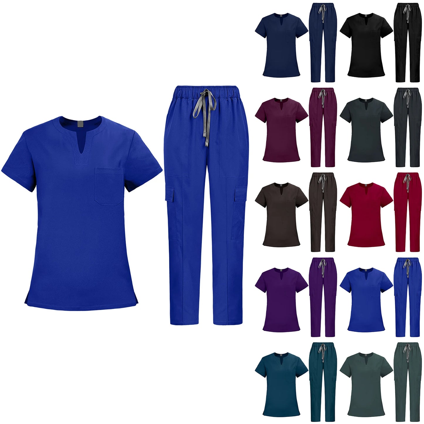 V-Notch Short Sleeve Multi-Pocket Cargo Pants Medical Uniform Healthcare  Professional Outfit