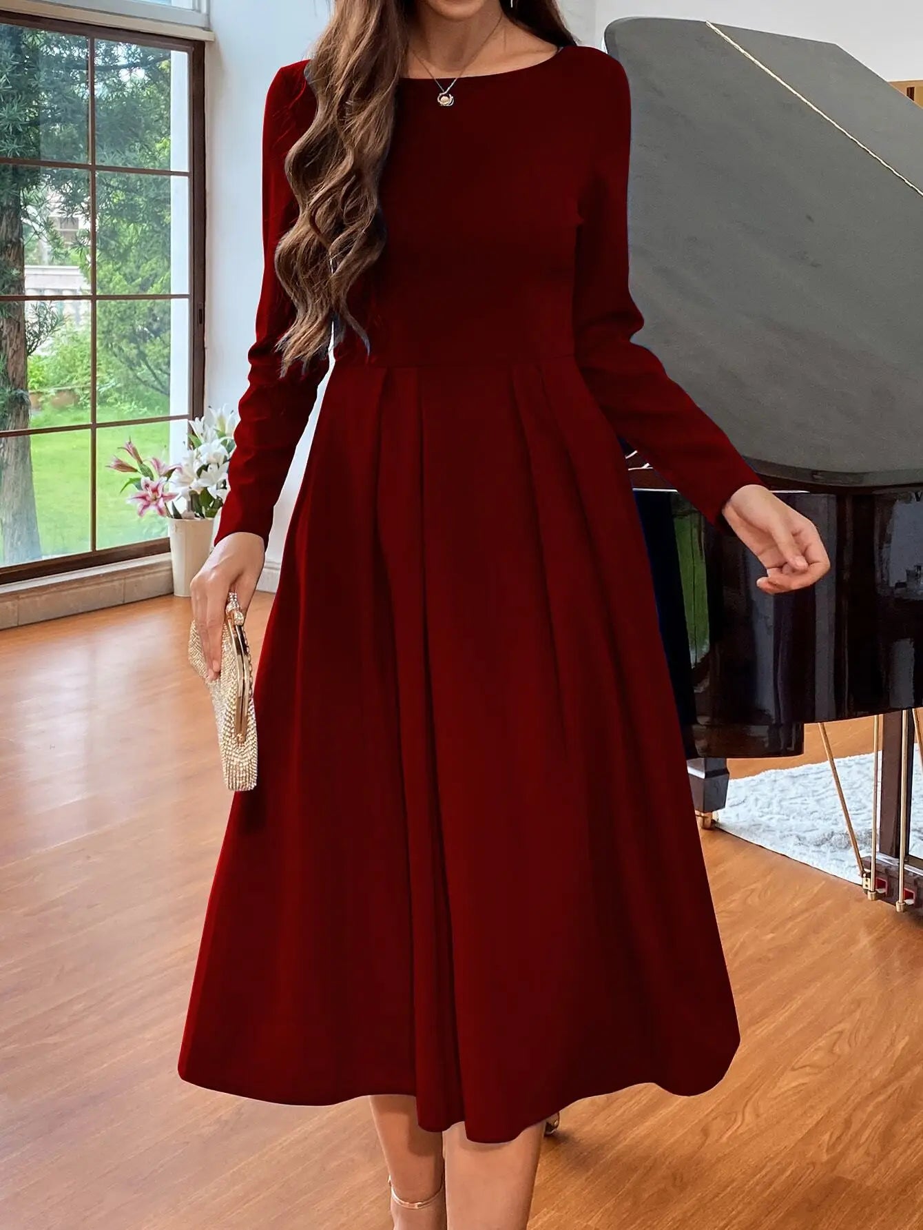 A Line Long Sleeve O Neck Polyester Dress With Print