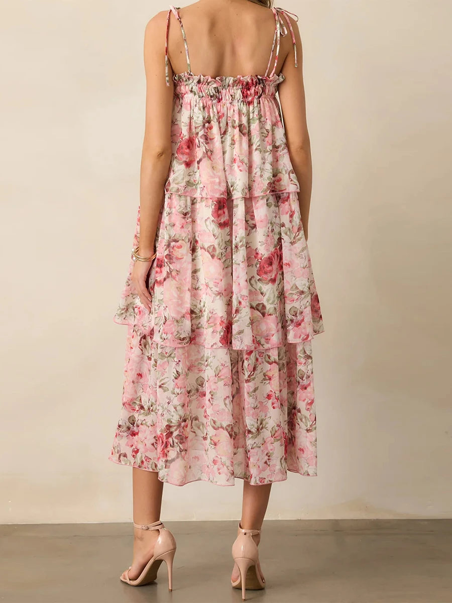 Women s Boho Floral Print Sleeveless Maxi Dress with V-Neckline and Tiered Ruffle Hem