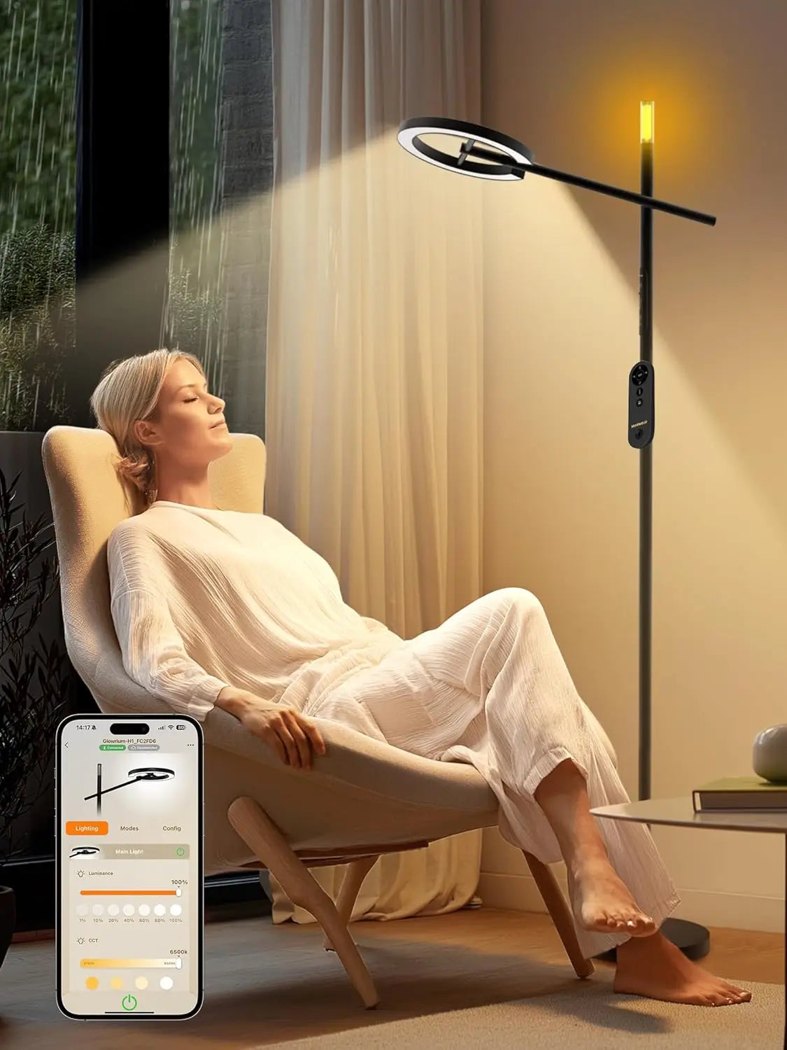 Smart Light Therapy Lamp 10000 Lux UV-Free Dimmable Floor Lamp