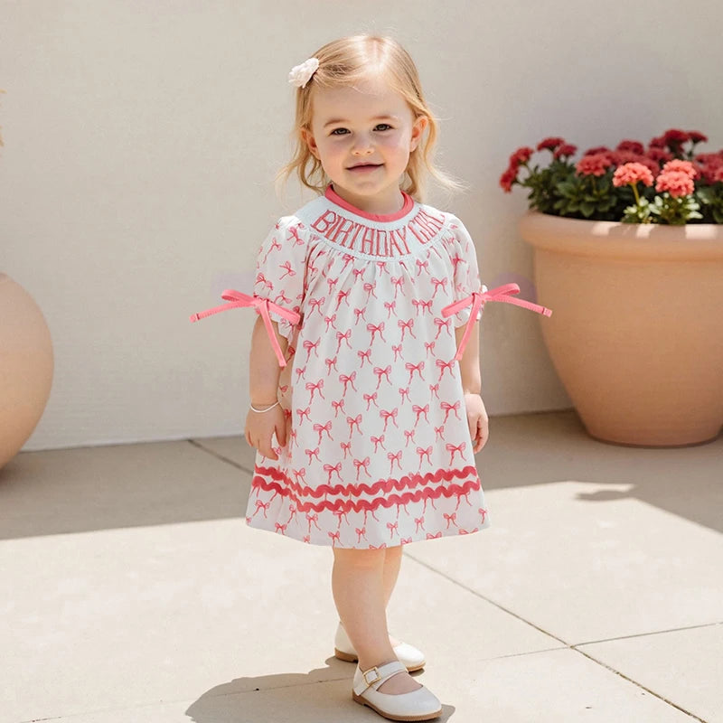 Toddler Girl Birthday Dress with Puff Sleeves and Embroidered Letters Smocked
