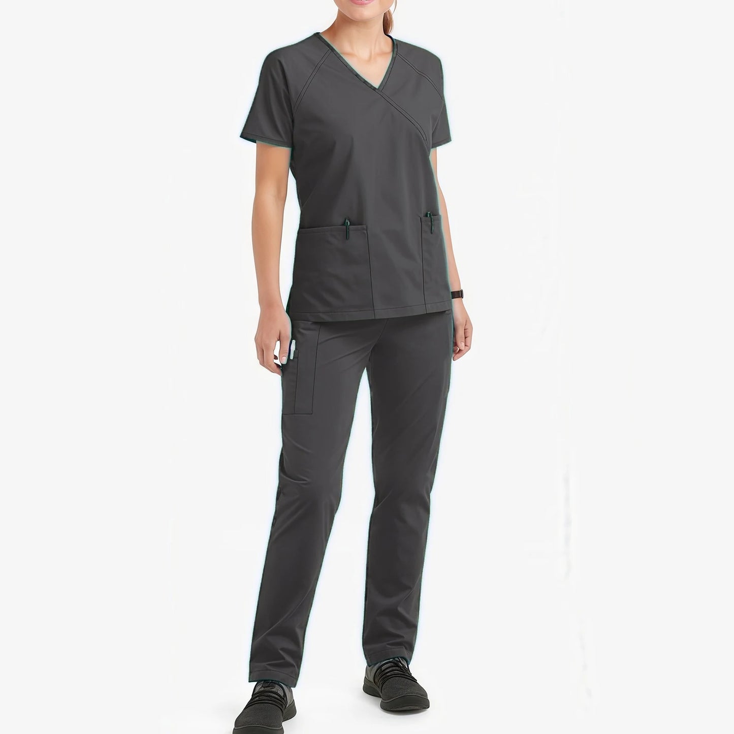 Women's Nurse Scrub Set V-Neck Short Sleeve Multi-Color Zipper Pocket Long Pants Medical Uniform Cozy Professional Workwear