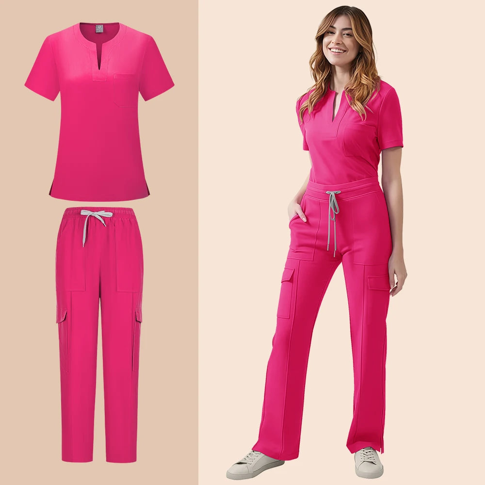 Medical Scrubs Uniform Women Nurse Scrub Set Pocket Top+Pants 2 Piece Suit