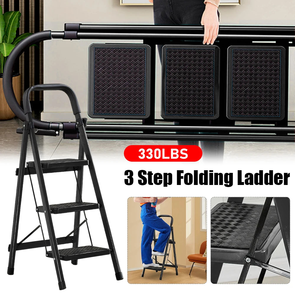 3 Step Folding Ladder Sturdy Portable Stepping Stools 330lbs Capacity
