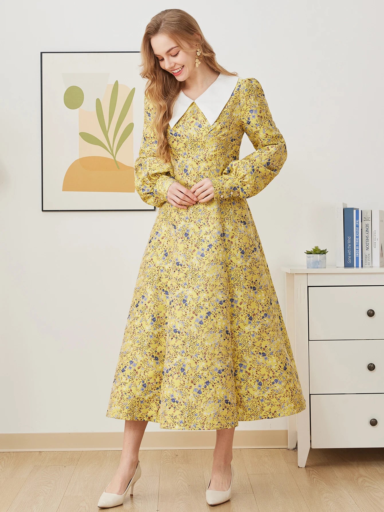 Elegant Women Party Maxi Dress Floral Jacquard A-Line