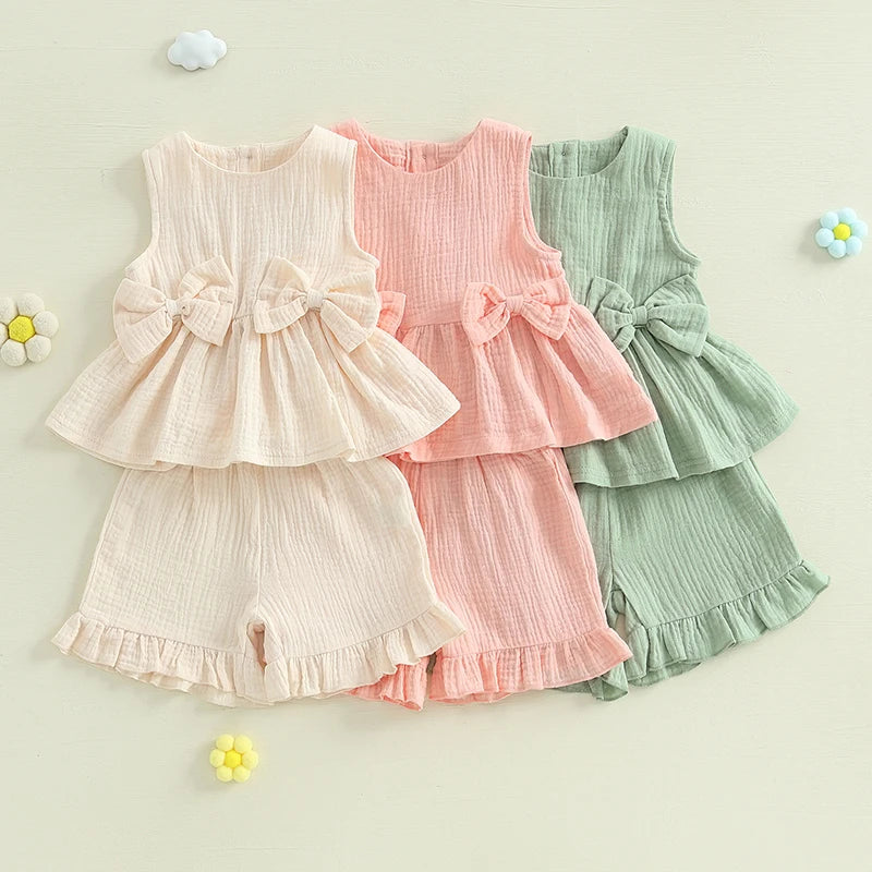 2024-12-24 Lioraitiin Toddler Baby Girl Summer Clothes Solid Color Bow Round Neck