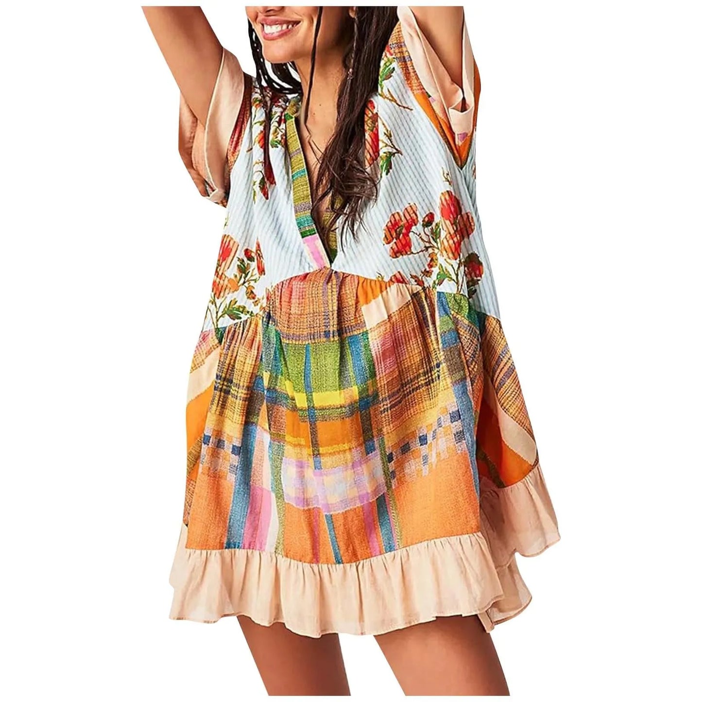Women Boho Beach Mini Dress 2024 Summer V Neck Short Sleeve