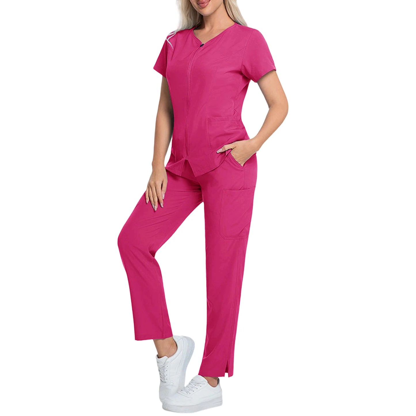Scrub Set V-Neck Short Sleeve Zipper Multi-Pocket Solid Color Medical Uniform