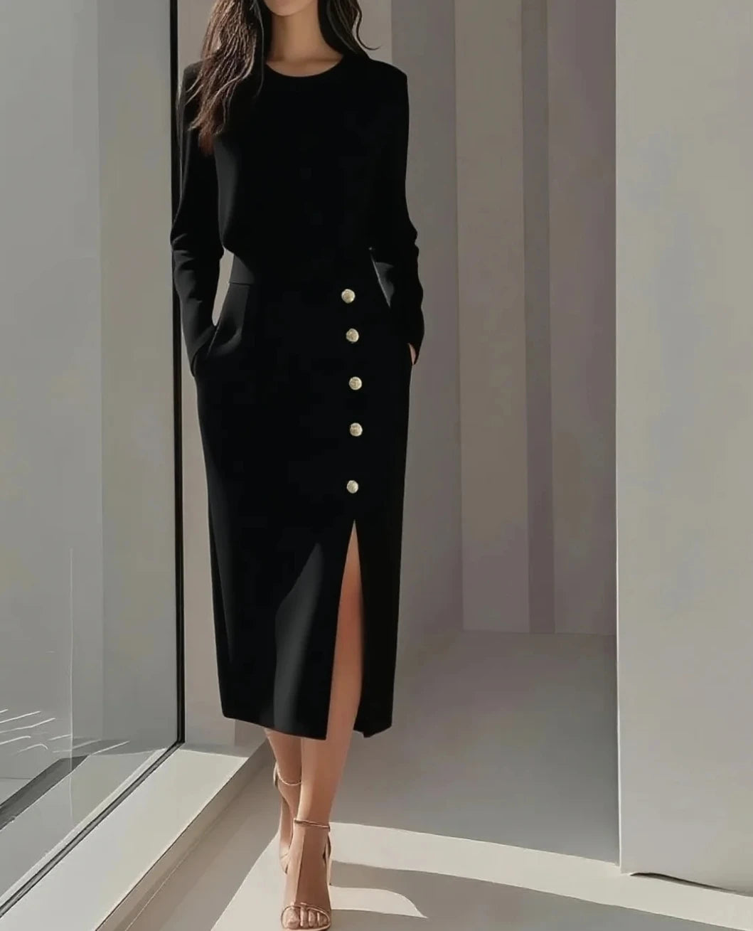 Solid Color Long Sleeves Pocket Button Decorated Slit Midi Dress