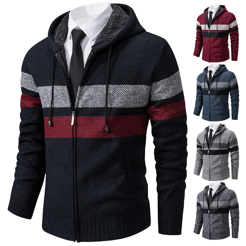 Men's Striped Hooded Cardigan Coat Velvet Padded Knit