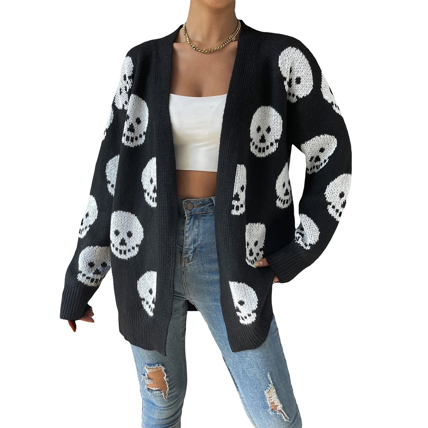 Women Halloween Skull Knit Cardigan Open Front Long Sleeve