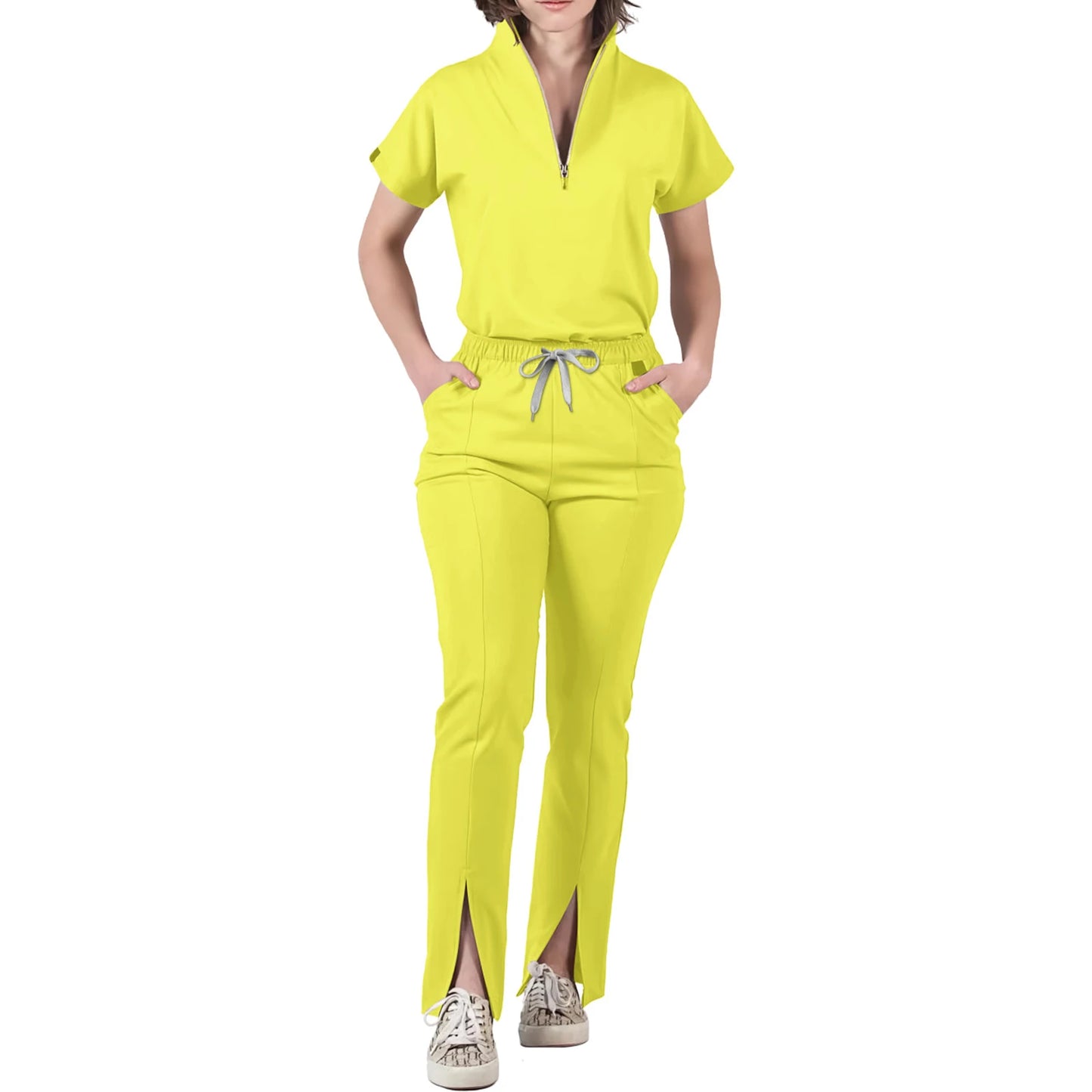Women's Nurse Scrub Set V-Neck Half Zipper Short Sleeve Multi-Color Split Hem Pants Multi-Pocket