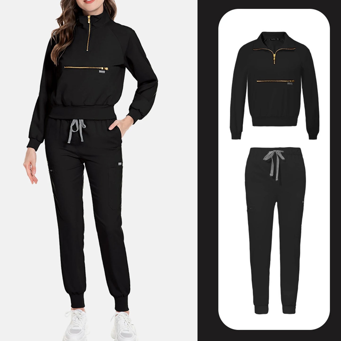 Scrub Set Stand Collar Zipper Long Sleeve Multi Pocket Professional
