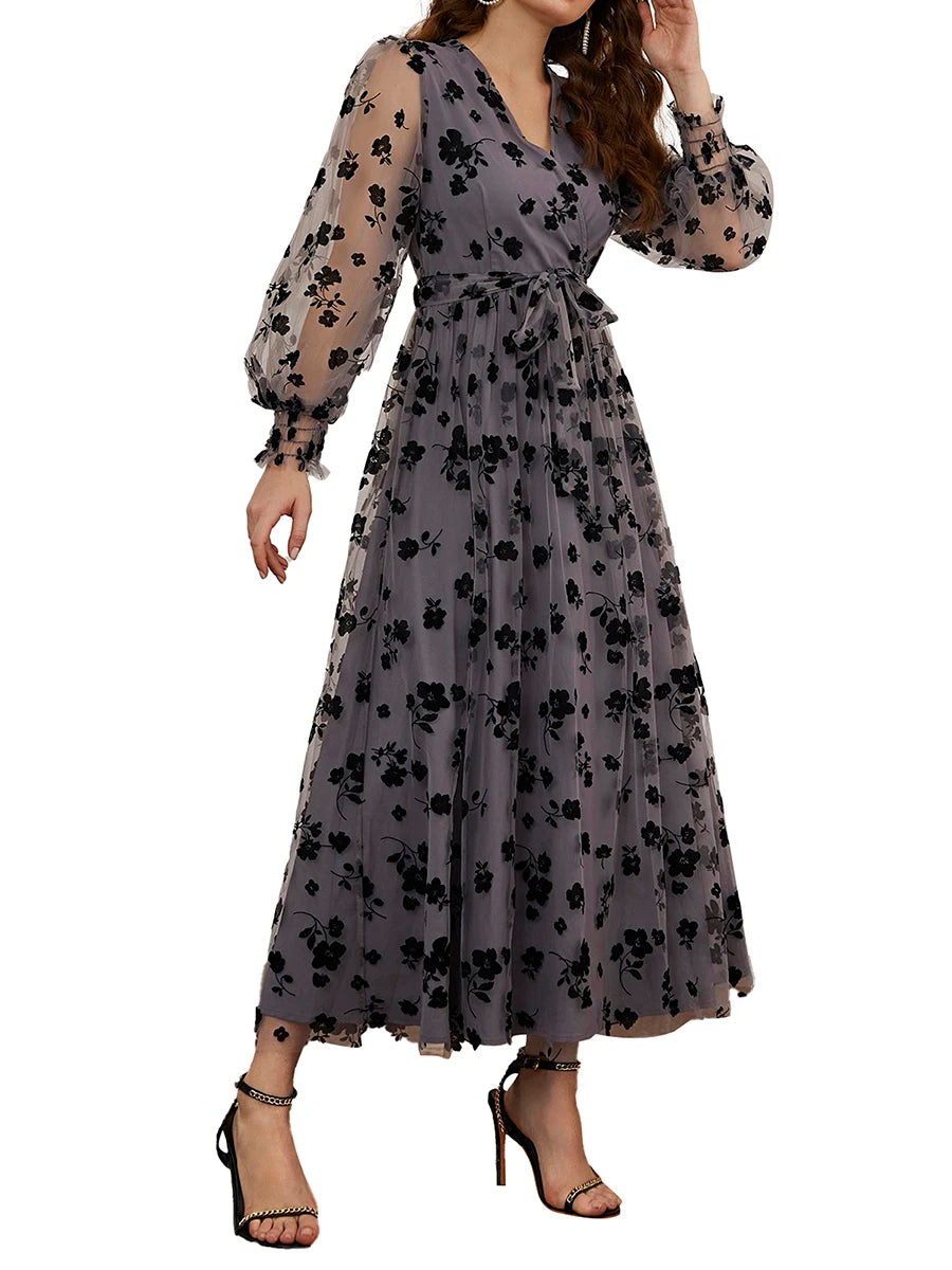 Floral Embroidered Belted Maxi Dress With Long Sleeves For Events