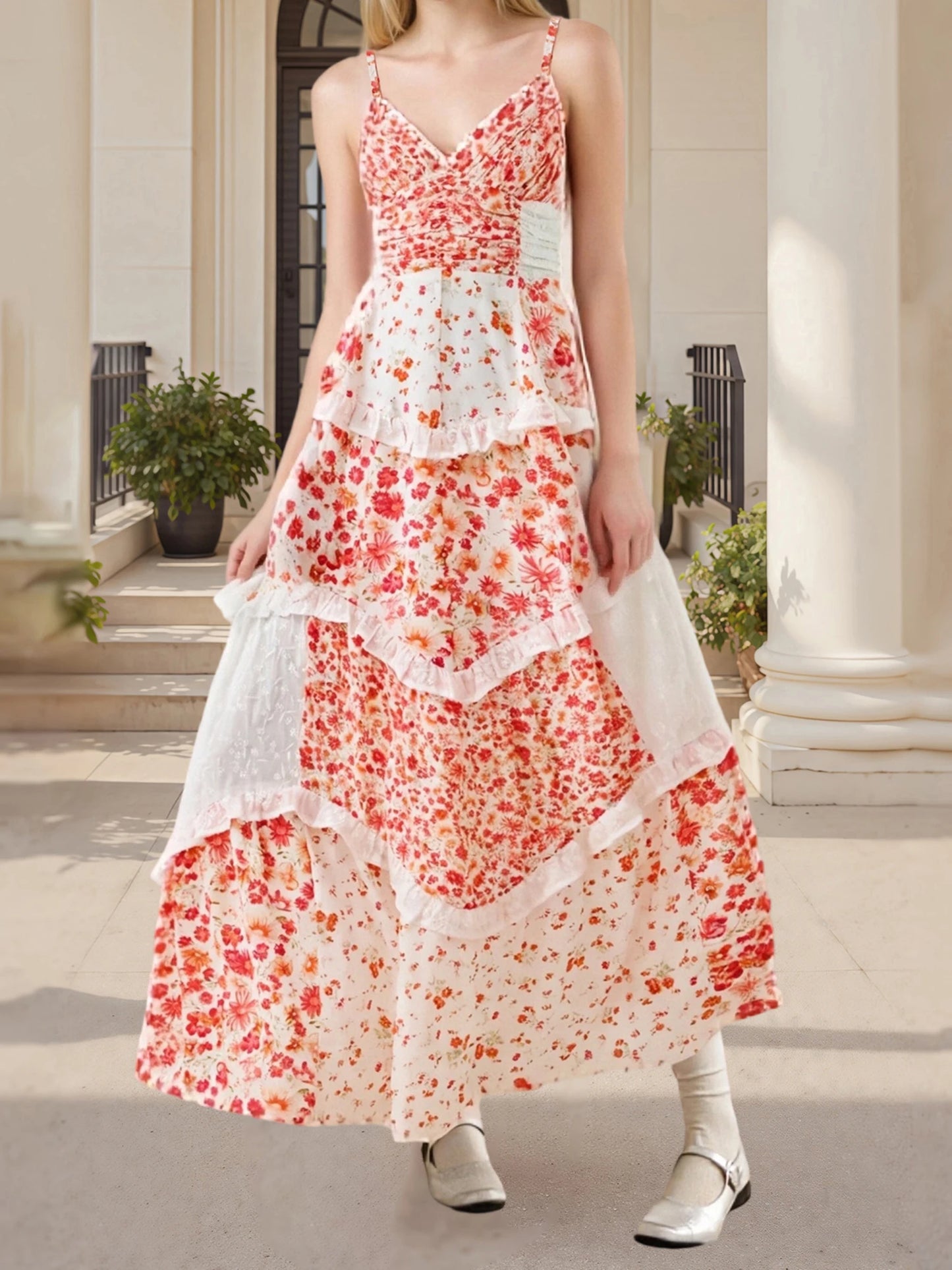 Women s Boho Floral Print Sleeveless V Neck Maxi Dress with Open Back and Flowy