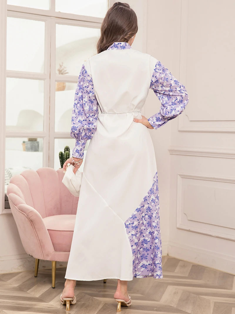 Elegant Floral Print High Neck Contrast Color Belted Shirt Sleeve Long Dress -