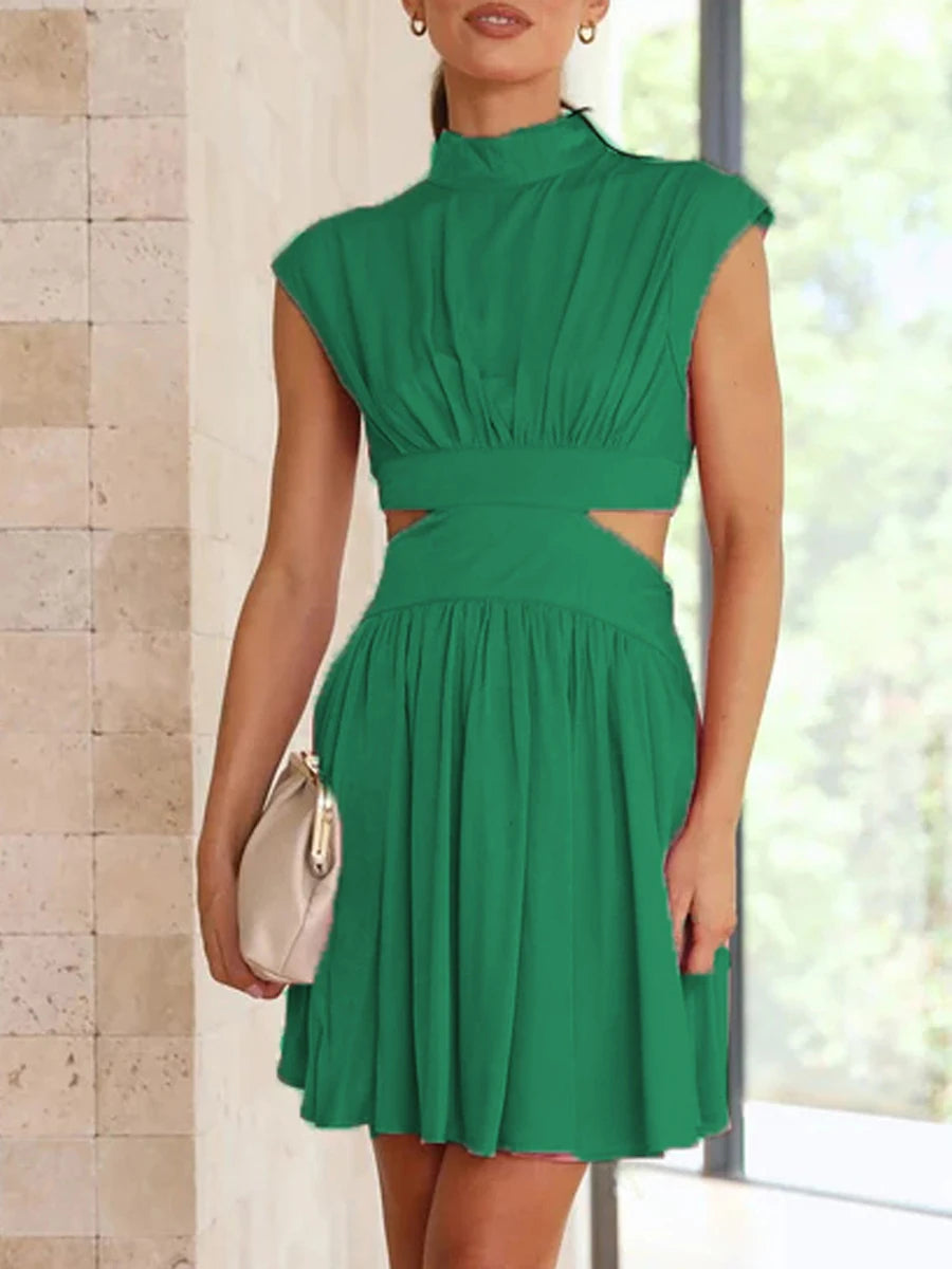 Women Velvet Stand Collar Pleated Party Dress Evening