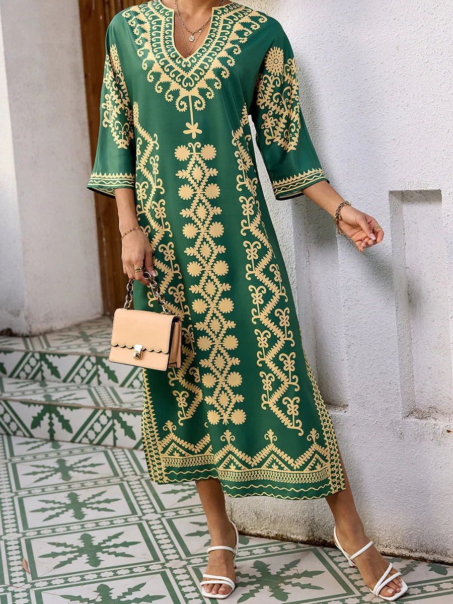 Elegant 3 4 Sleeve V-Neck Maxi Dress with Retro Print Perfect for Ramadan