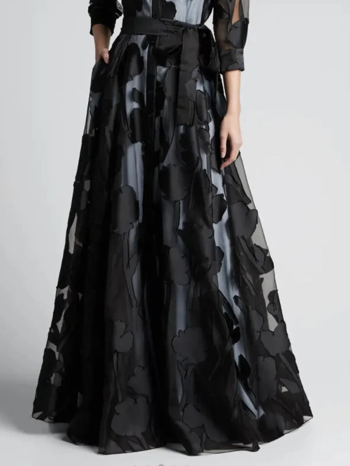Elegant Three-Quarter Sleeve Knotted Waist Jacquard Mesh Maxi Dress Transparent