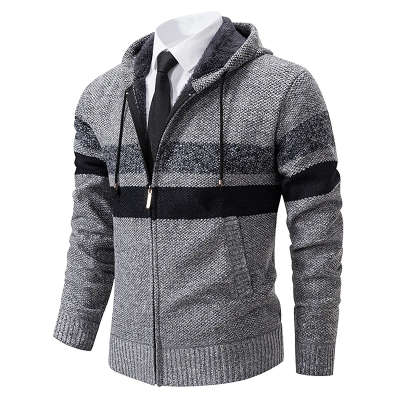Men's Striped Hooded Cardigan Coat Velvet Padded Knit