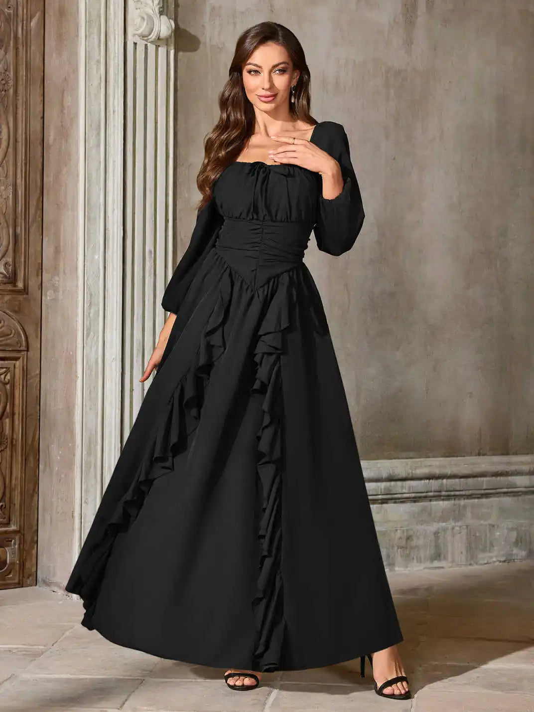 Renaissance Medieval Dress Women Ren Faire Dress, Square Neck, Long Puff Sleeves,