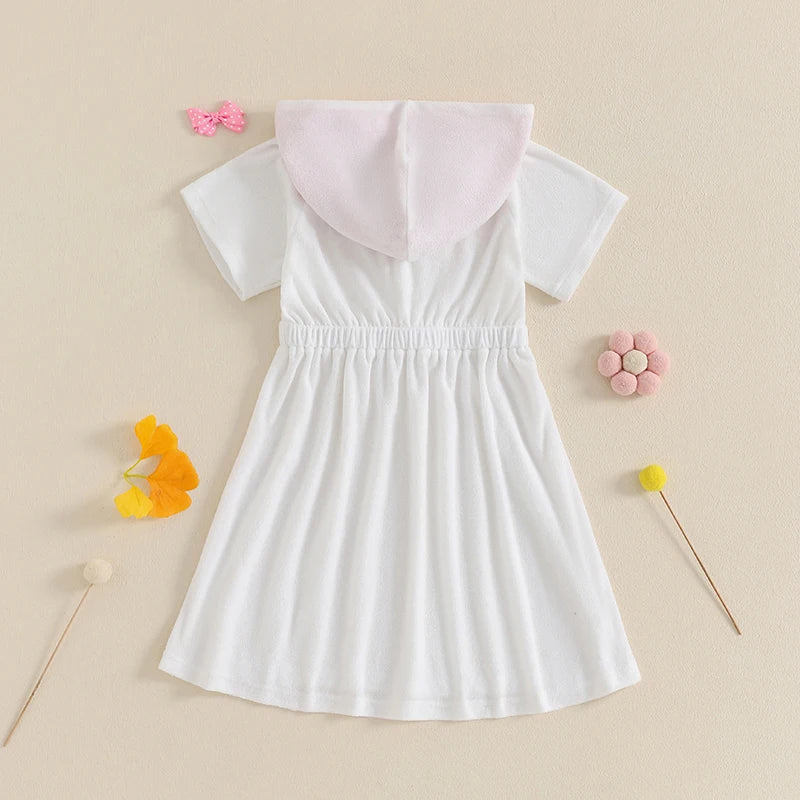 Kids Beach Cover Up Dress with 3D Bow Detail Short Sleeve Hooded