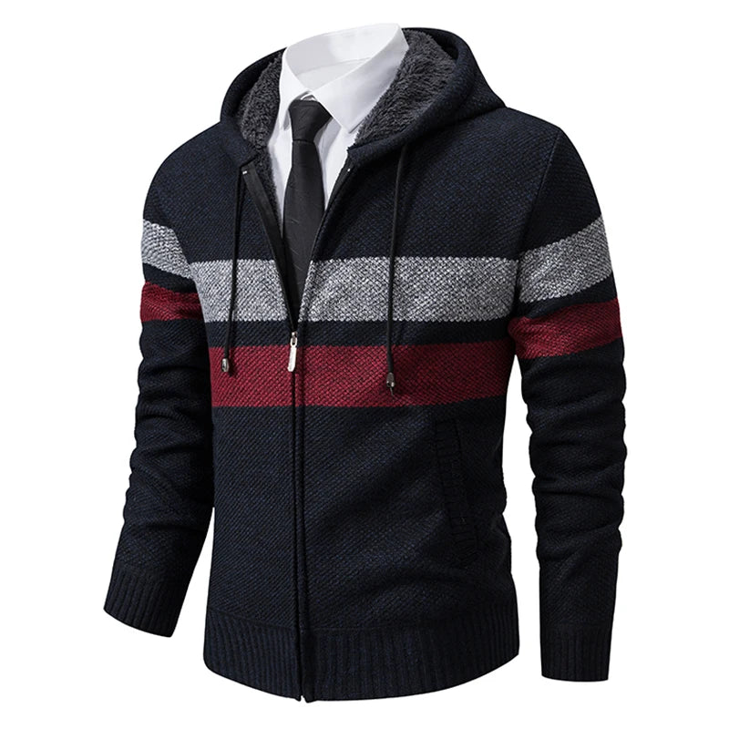 Men's Striped Hooded Cardigan Coat Velvet Padded Knit