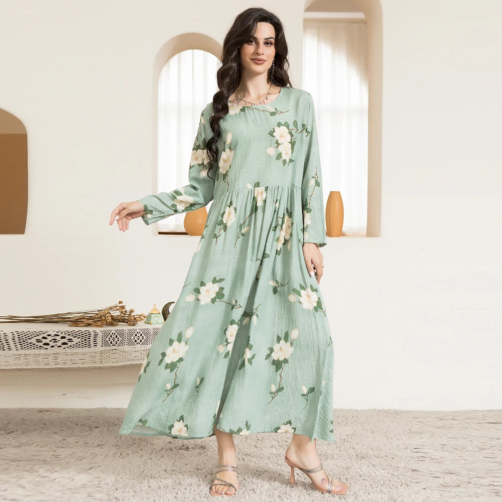 Casual Round Neck Floral Print Wrinkle Spliced Long Dress Mint Green,