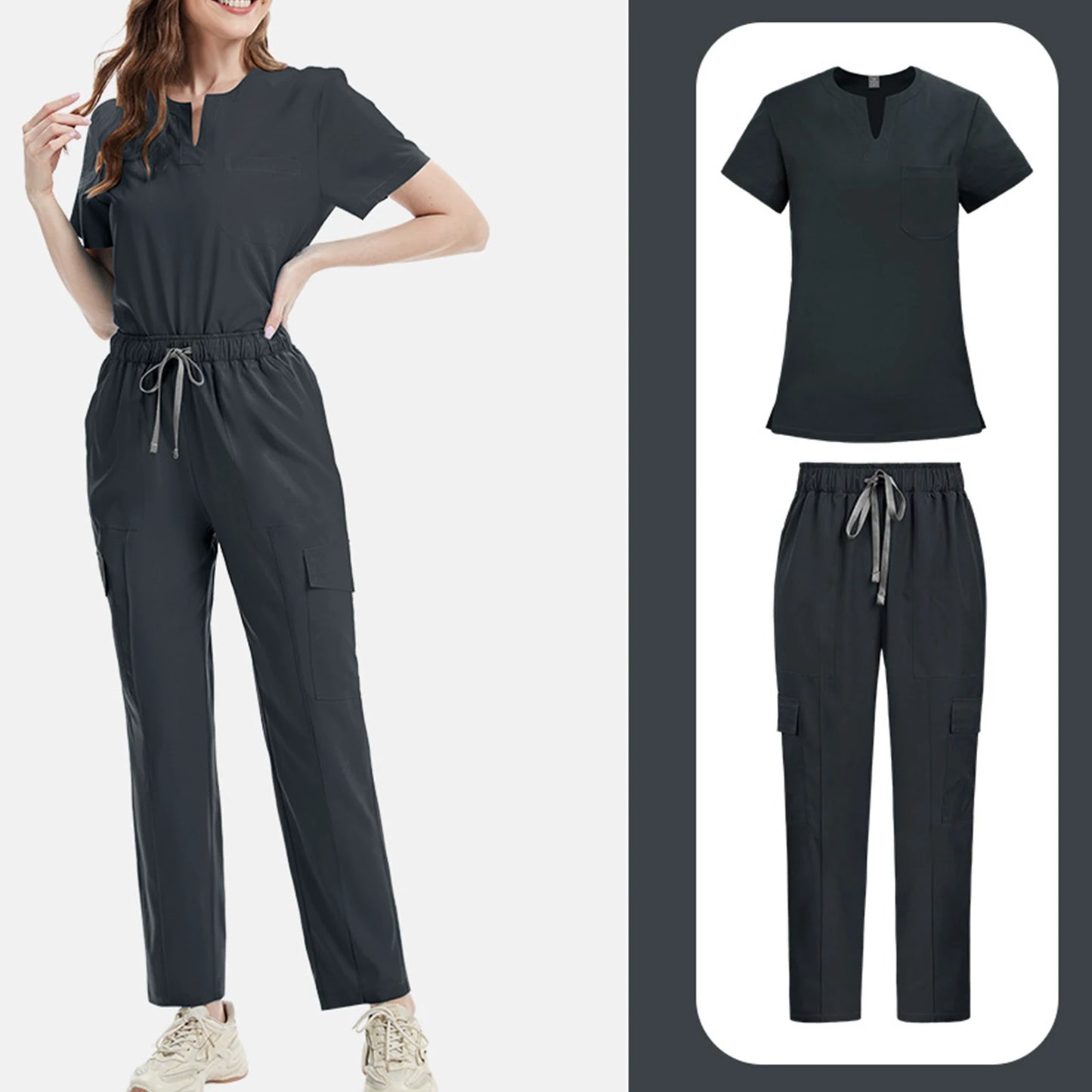 V-Notch Short Sleeve Multi-Pocket Cargo Pants Medical Uniform Healthcare  Professional Outfit