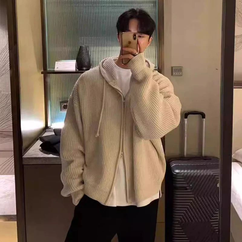 Men's Korean Light Luxury Knit Hooded Cardigan Sweater Casual