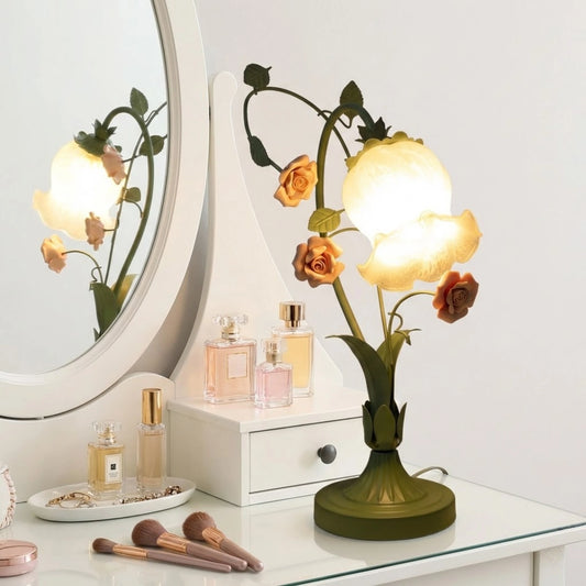 Floral Ceramic Table Lamp With Glass Shade Bedroom