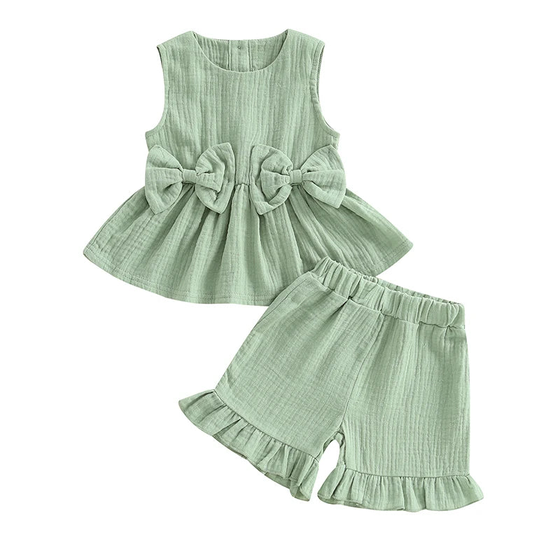 2024-12-24 Lioraitiin Toddler Baby Girl Summer Clothes Solid Color Bow Round Neck