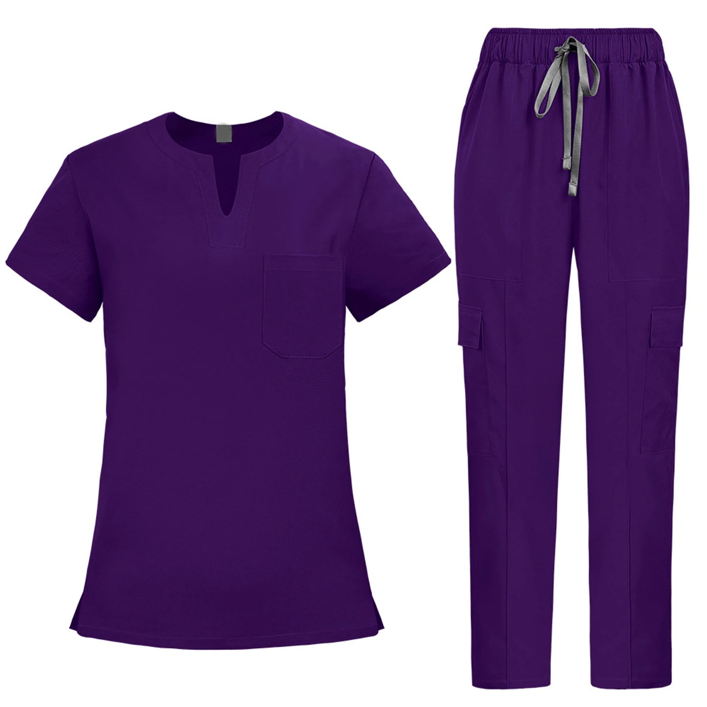 V-Notch Short Sleeve Multi-Pocket Cargo Pants Medical Uniform Healthcare  Professional Outfit