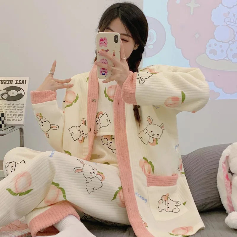 Autumn Winter Fashion Maternity Pajamas Cotton Jacket Pants And Breast Feeding Three Pieces