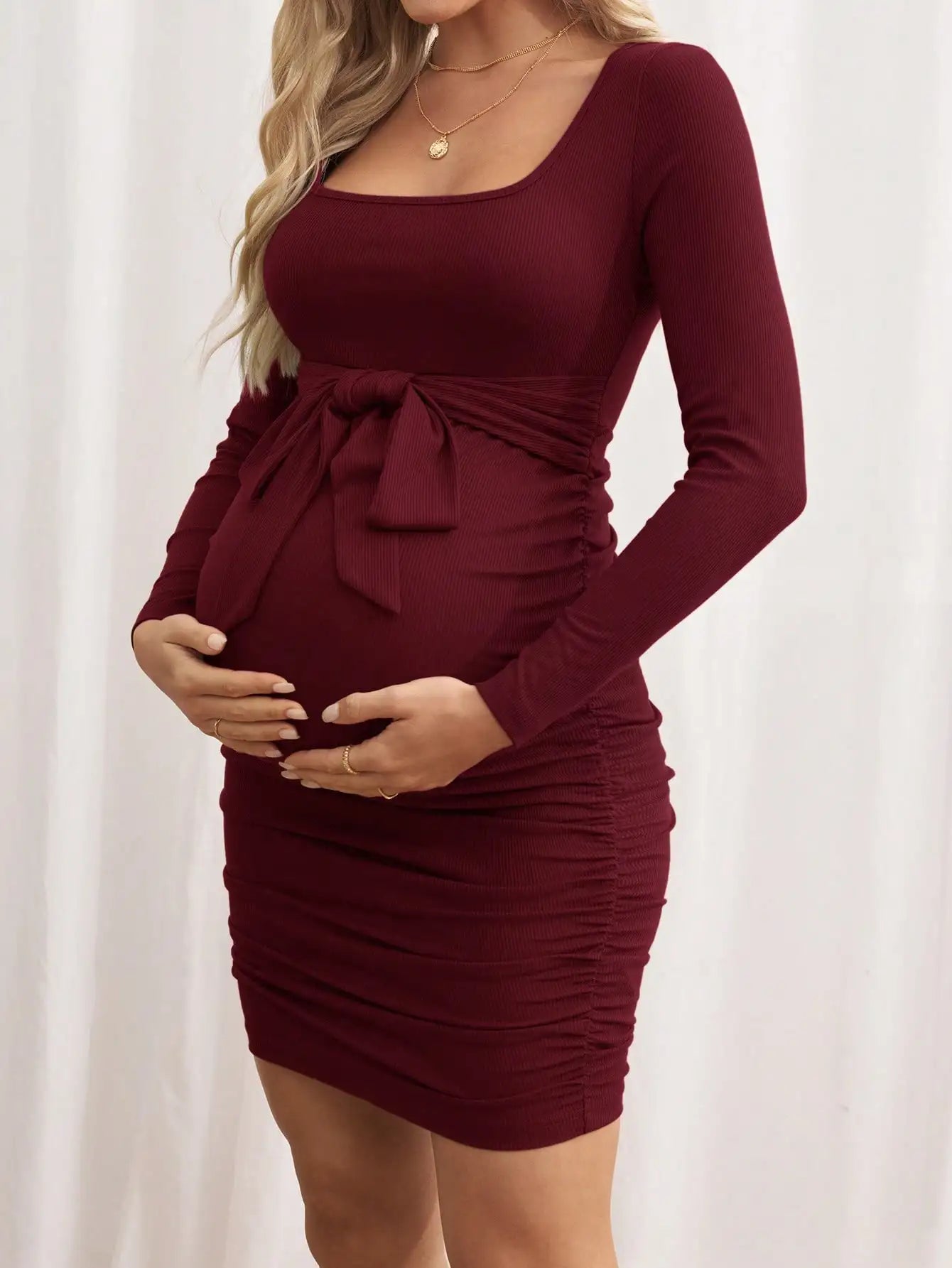 Maternity Solid Color V-Neck Long Sleeve Tie Waist Fitted Dress Burgundy