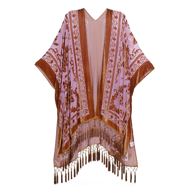 WeHello Women's Burnout Velvet Kimono Long Cardigan Cover Up with Tassel