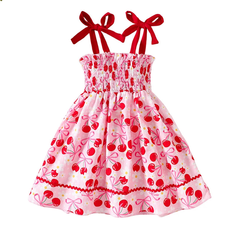 Girls Sleeveless Floral Print A-line Dress with Bow Detail and Cherry Pattern