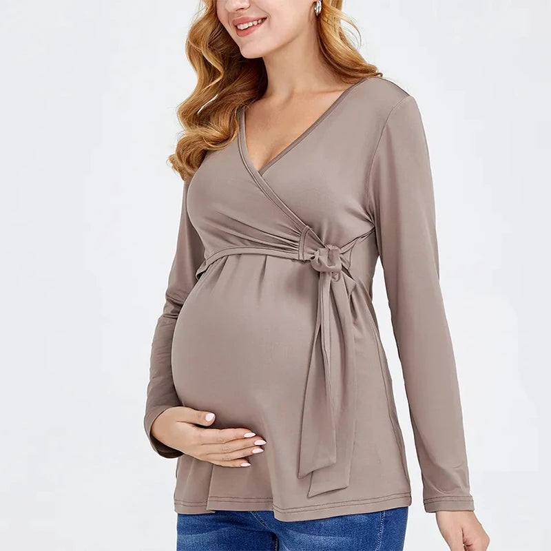 Maternity Blouses Long Sleeve V-neck Breastfeeding Shirt Tops Pregnancy Clothing