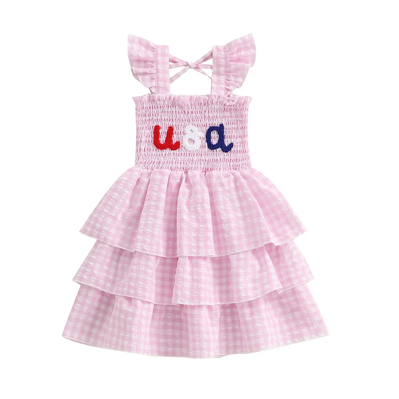 Independence Day Plaid Dress with Embroidered Stars and Stripes Smocked Flying Sleeve
