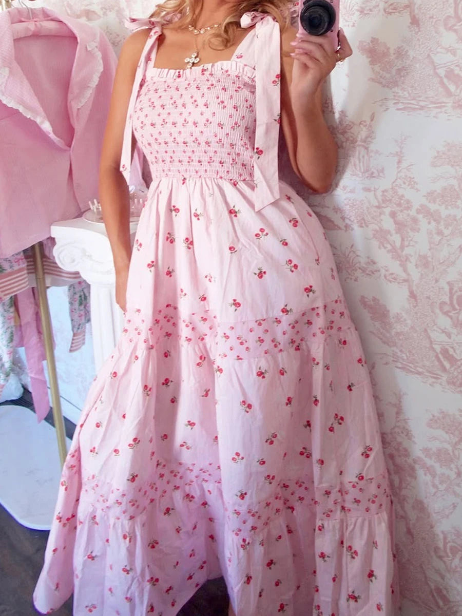 Elegant V-Neck Maxi Dress Sleeveless Floral Print Tie-Up Dress for Summer