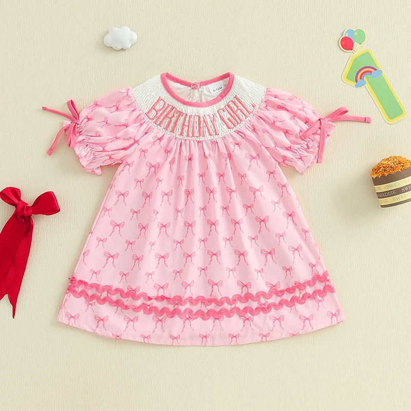 Toddler Girl Birthday Dress with Puff Sleeves and Embroidered Letters Smocked